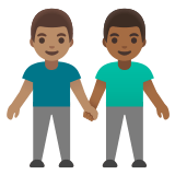 👨🏽‍🤝‍👨🏾 Deux Hommes Se Tenant La Main : Peau Légèrement Mate Et Peau Mate Emoji par Google