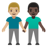 👨🏼‍🤝‍👨🏿 Men Holding Hands: Medium-Light Skin Tone, Dark Skin Tone, Emoji by Google