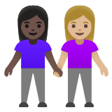 👩🏿‍🤝‍👩🏼 Women Holding Hands: Dark Skin Tone, Medium-Light Skin Tone, Emoji by Google