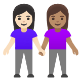 👩🏻‍🤝‍👩🏽 Women Holding Hands: Light Skin Tone, Medium Skin Tone, Emoji by Google