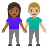 👩🏾‍🤝‍👨🏼 Woman and Man Holding Hands: Medium-Dark Skin Tone, Medium-Light Skin Tone, Emoji by Google