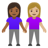 👩🏾‍🤝‍👩🏼 Deux Femmes Se Tenant La Main : Peau Mate Et Peau Moyennement Claire Emoji par Google