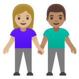 👩🏼‍🤝‍👨🏽 Woman and Man Holding Hands: Medium-Light Skin Tone, Medium Skin Tone, Emoji by Google