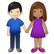 👩🏽‍🤝‍👨🏻 Femme Et Homme Se Tenant La Main : Peau Légèrement Mate Et Peau Claire Emoji par Samsung