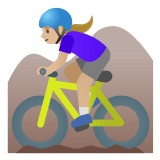 🚵🏼‍♀️ Woman Mountain Biking: Medium-Light Skin Tone, Emoji by Google