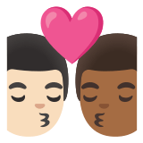 👨🏻‍❤️‍💋‍👨🏾 Kiss: Man, Man, Light Skin Tone, Medium-Dark Skin Tone, Emoji by Google