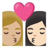 👩🏼‍❤️‍💋‍👩🏻 Kiss: Woman, Woman, Medium-Light Skin Tone, Light Skin Tone, Emoji by Google