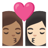 👩🏽‍❤️‍💋‍👩🏻 Kiss: Woman, Woman, Medium Skin Tone, Light Skin Tone, Emoji by Google