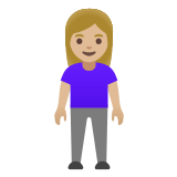 🧍🏼‍♀️ Woman Standing: Medium-Light Skin Tone, Emoji by Google
