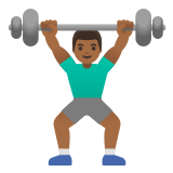 🏋🏾‍♂️ Man Lifting Weights: Medium-Dark Skin Tone, Emoji by Google