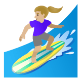 🏄🏼‍♀️ Woman Surfing: Medium-Light Skin Tone, Emoji by Google