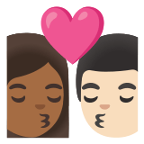 👩🏾‍❤️‍💋‍👨🏻 Kiss: Woman, Man, Medium-Dark Skin Tone, Light Skin Tone, Emoji by Google