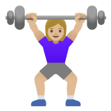 🏋🏼‍♀️ Woman Lifting Weights: Medium-Light Skin Tone, Emoji by Google