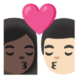 👩🏿‍❤️‍💋‍👨🏻 Kiss: Woman, Man, Dark Skin Tone, Light Skin Tone, Emoji by Google