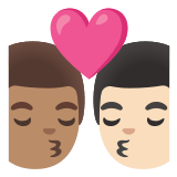 👨🏽‍❤️‍💋‍👨🏻 Kiss: Man, Man, Medium Skin Tone, Light Skin Tone, Emoji by Google