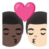 👨🏿‍❤️‍💋‍👨🏻 Kiss: Man, Man, Dark Skin Tone, Light Skin Tone, Emoji by Google