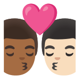 👨🏾‍❤️‍💋‍👨🏻 Kiss: Man, Man, Medium-Dark Skin Tone, Light Skin Tone, Emoji by Google