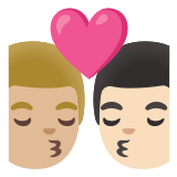 👨🏼‍❤️‍💋‍👨🏻 Kiss: Man, Man, Medium-Light Skin Tone, Light Skin Tone, Emoji by Google