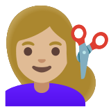 💇🏼‍♀️ Woman Getting Haircut: Medium-Light Skin Tone, Emoji by Google