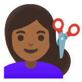 💇🏾‍♀️ Woman Getting Haircut: Medium-Dark Skin Tone, Emoji by Google