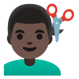 💇🏿‍♂️ Man Getting Haircut: Dark Skin Tone, Emoji by Google