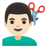 💇🏻‍♂️ Homme Qui Se Fait Couper Les Cheveux : Peau Claire Emoji par Google