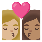 👩🏼‍❤️‍💋‍👩🏽 Kiss: Woman, Woman, Medium-Light Skin Tone, Medium Skin Tone, Emoji by Google