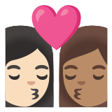 👩🏻‍❤️‍💋‍👩🏽 Kiss: Woman, Woman, Light Skin Tone, Medium Skin Tone, Emoji by Google