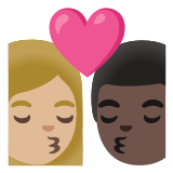 👩🏼‍❤️‍💋‍👨🏿 Kiss: Woman, Man, Medium-Light Skin Tone, Dark Skin Tone, Emoji by Google