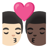 👨🏻‍❤️‍💋‍👨🏿 Kiss: Man, Man, Light Skin Tone, Dark Skin Tone, Emoji by Google