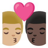 👨🏼‍❤️‍💋‍👨🏿 Kiss: Man, Man, Medium-Light Skin Tone, Dark Skin Tone, Emoji by Google