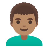 👨🏽‍🦱 Mann: Mittlere Hautfarbe, Lockiges Haar Emoji von Google