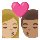 👩🏼‍❤️‍💋‍👨🏽 Kiss: Woman, Man, Medium-Light Skin Tone, Medium Skin Tone, Emoji by Google