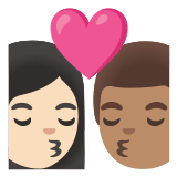 👩🏻‍❤️‍💋‍👨🏽 Kiss: Woman, Man, Light Skin Tone, Medium Skin Tone, Emoji by Google