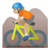 🚵🏼 Person Mountain Biking: Medium-Light Skin Tone, Emoji by Google