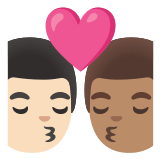 👨🏻‍❤️‍💋‍👨🏽 Kiss: Man, Man, Light Skin Tone, Medium Skin Tone, Emoji by Google