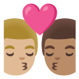 👨🏼‍❤️‍💋‍👨🏽 Kiss: Man, Man, Medium-Light Skin Tone, Medium Skin Tone, Emoji by Google