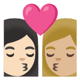 👩🏻‍❤️‍💋‍👩🏼 Kiss: Woman, Woman, Light Skin Tone, Medium-Light Skin Tone, Emoji by Google