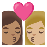 👩🏽‍❤️‍💋‍👩🏼 Kiss: Woman, Woman, Medium Skin Tone, Medium-Light Skin Tone, Emoji by Google