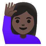 🙋🏿‍♀️ Woman Raising Hand: Dark Skin Tone, Emoji by Google