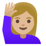 🙋🏼‍♀️ Woman Raising Hand: Medium-Light Skin Tone, Emoji by Google