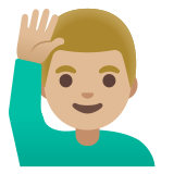 🙋🏼‍♂️ Man Raising Hand: Medium-Light Skin Tone, Emoji by Google