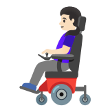 👩🏻‍🦼 Woman in Motorized Wheelchair: Light Skin Tone, Emoji by Google