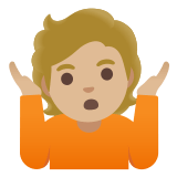 🤷🏼 Personne Qui Hausse Les Épaules : Peau Moyennement Claire Emoji par Google