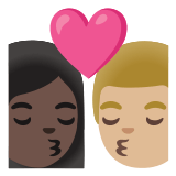 👩🏿‍❤️‍💋‍👨🏼 Kiss: Woman, Man, Dark Skin Tone, Medium-Light Skin Tone, Emoji by Google