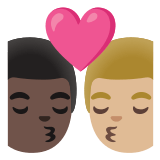 👨🏿‍❤️‍💋‍👨🏼 Kiss: Man, Man, Dark Skin Tone, Medium-Light Skin Tone, Emoji by Google