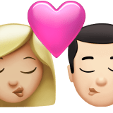 👩🏼‍❤️‍💋‍👨🏻 Kiss: Woman, Man, Medium-Light Skin Tone, Light Skin Tone, Emoji by Apple