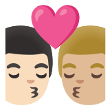 👨🏻‍❤️‍💋‍👨🏼 Kiss: Man, Man, Light Skin Tone, Medium-Light Skin Tone, Emoji by Google
