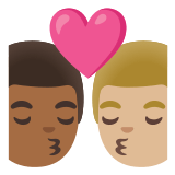 👨🏾‍❤️‍💋‍👨🏼 Kiss: Man, Man, Medium-Dark Skin Tone, Medium-Light Skin Tone, Emoji by Google