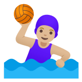 🤽🏼‍♀️ Woman Playing Water Polo: Medium-Light Skin Tone, Emoji by Google